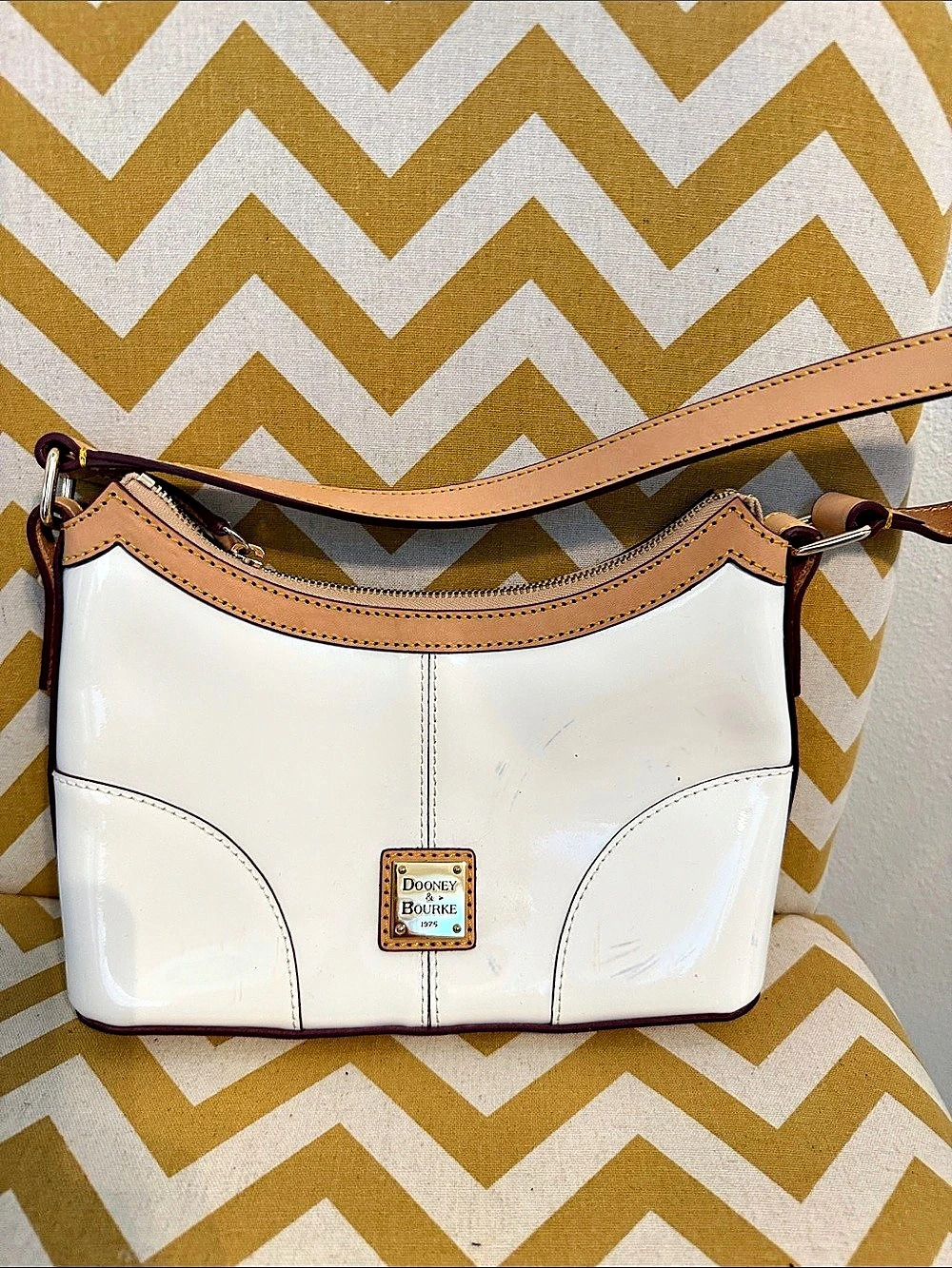 Dooney & Bourke Patent Leather Shoulder Bag in White & Light Brown